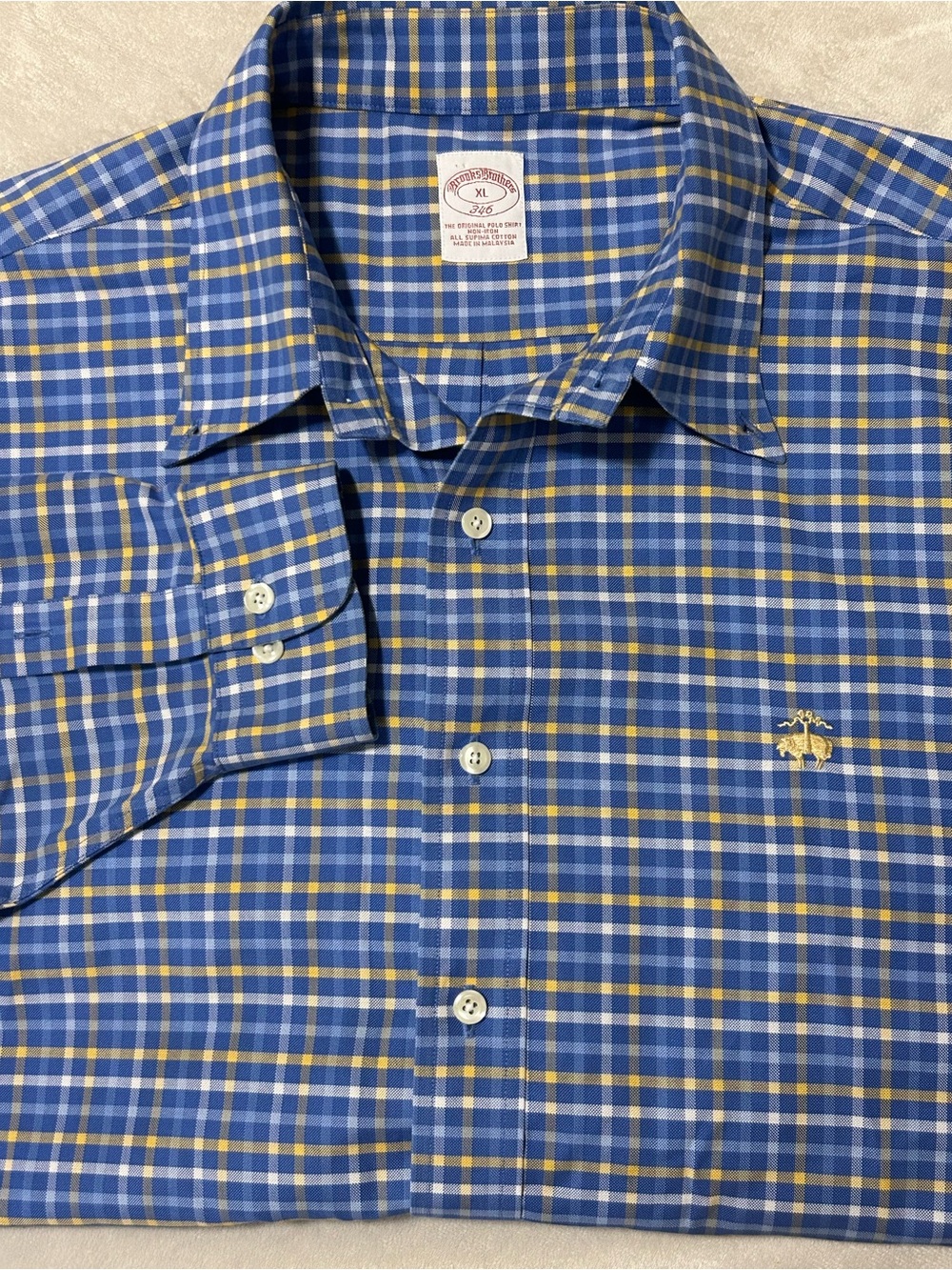 Brooks Brothers 346 Shirt Mens XL Blue Yellow Plaid Long Sleeve Non Iron Cotton